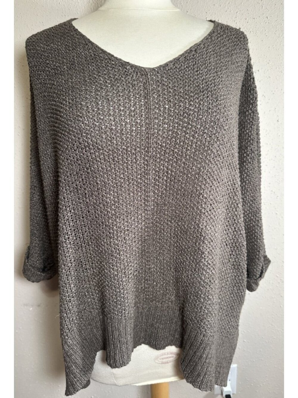 She+Sky Womens Open Crochet Sweater Boxy 3/4 Sleeve Brown One Size Fits All